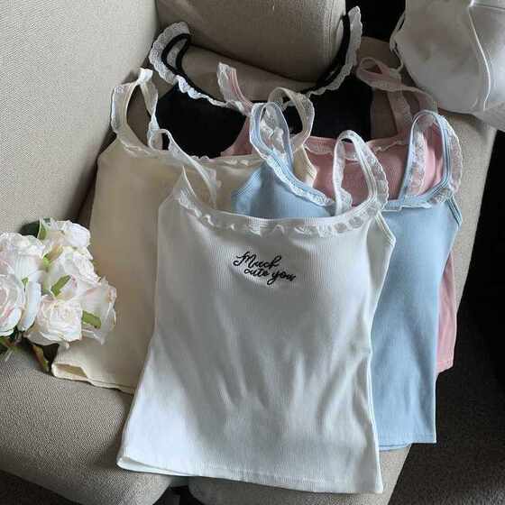 Sweet and Spicy Bm Style Lace Ear Edge Blue Sling Beautiful Back Vest with Chest Pad Outer Wear Slim Base Tube Top