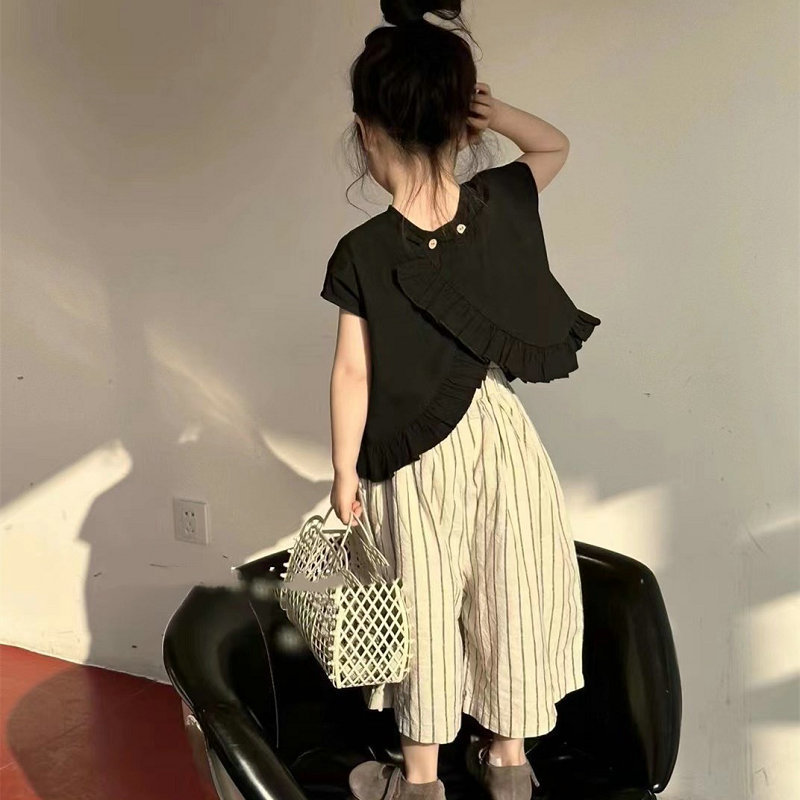 Girls' Outfit with Irregular Drop Shoulder Sleeves T-Shirt and Striped Wide-Leg Pants, New Summer 26 Style, Foreign Trade Children's Clothing Wholesale Girls' Outfit with Irregular Drop Shoulder Sleeves T-Shirt and Striped Wide-Leg Pants, New Summer 26 Style, Foreign Trade Children's Clothing Wholesale