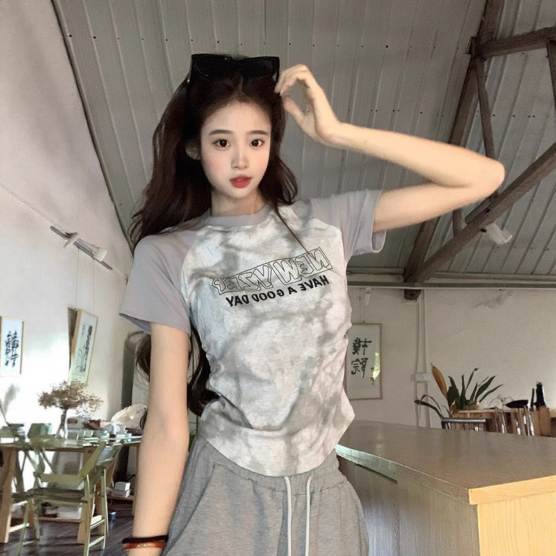 13ライン高品質タイダイラグランスリーブTシャツレディース半袖夏右肩ショートファッションヨーロッパトップス|undefined