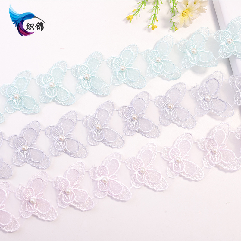 跨境专供蝴蝶钉珠双层网纱花边头饰配饰涤纶丝欧根纱蕾丝钉珠花边