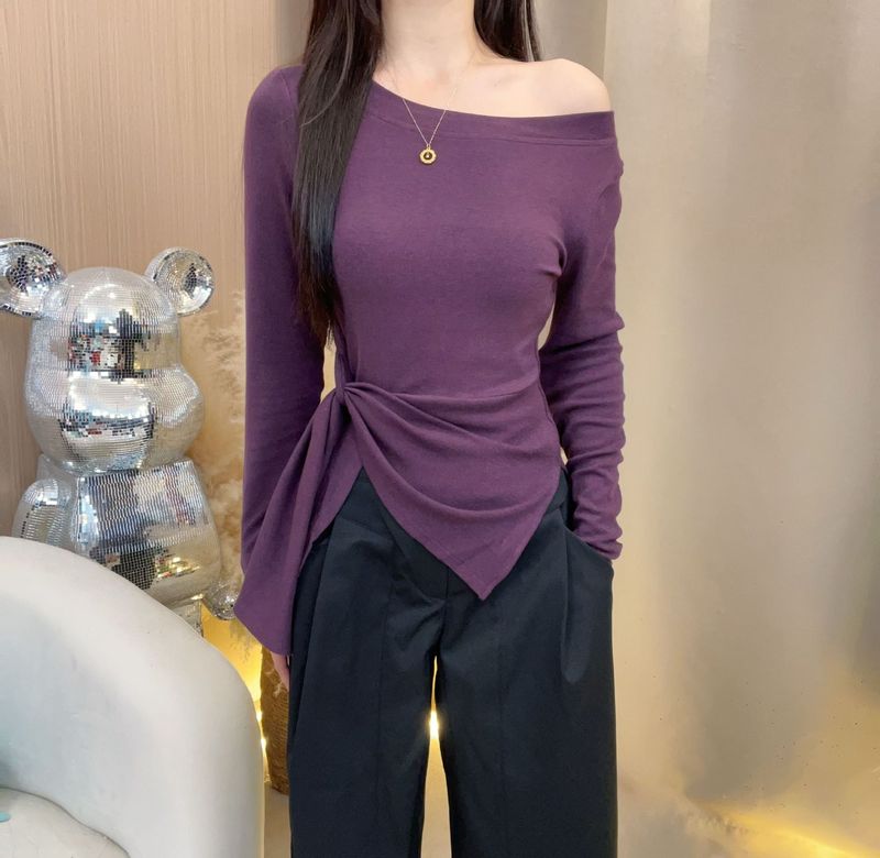 韩系条纹不规则开叉斜肩长袖T恤女装早秋季收腰设计感别致上衣潮|undefined