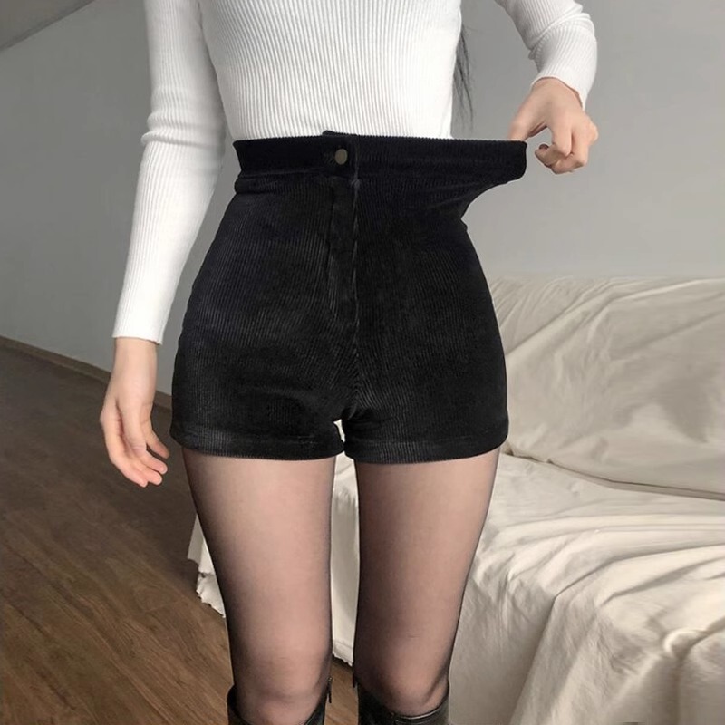 Black High Waist Corduroy Shorts Women's Autumn and Winter 2023 New Tight Stretch Corduroy Casual Pants Outer Boots