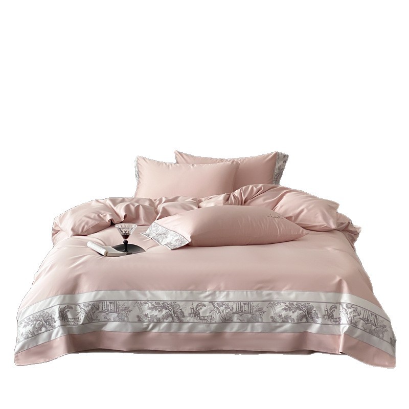 Cama de algodón de fibra larga amigable para la piel 100S retro francés de cuatro piezas de algodón estampado edredón sábana de cuatro piezas de algodón puro