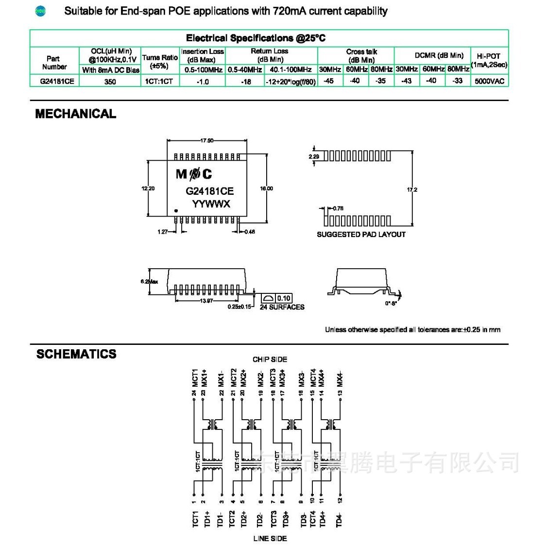 G24181CE 以太网络变压器LAN PoE Transformer Module 工业级