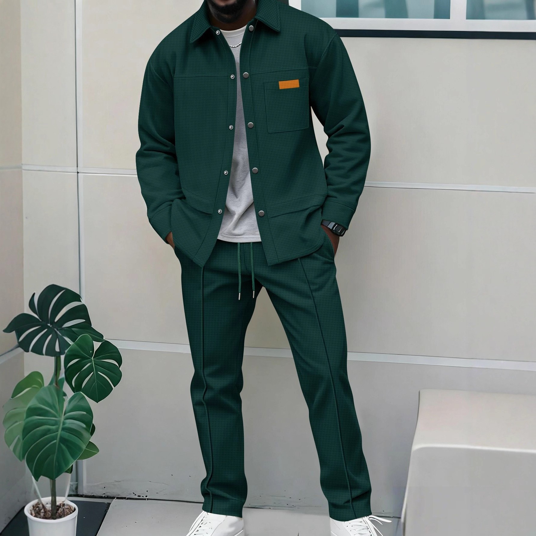 Men's Waffle Texture Lapel Button Casual Set Long Sleeve Top Pants_voghion.com