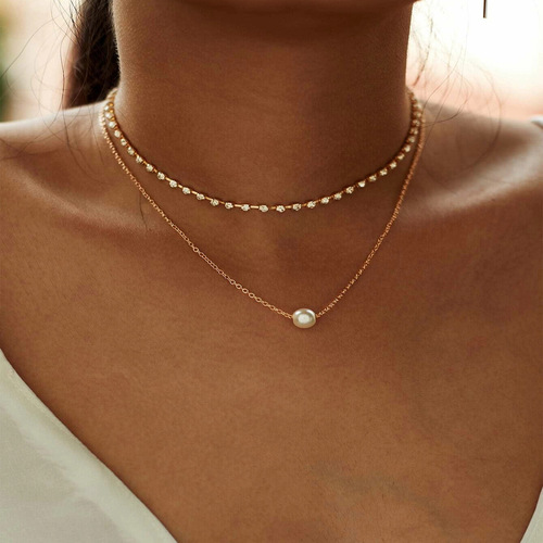 C107 European and American cross-border hot-selling jewelry classic versatile diamond claw chain imitation pearl pendant necklace set 2 pieces