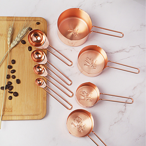 Nordic style 8-piece set of stainless steel rose gold measuring spoons and measuring cup set baking tools copper-plated measuring spoons