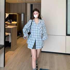 蓝白宽松学院衬衫女格子上衣春夏防晒衬衣薄外套格纹百搭美式长袖