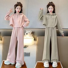 女童韩版休闲套装中大童春秋新款洋气连帽卫衣阔腿裤纯色两件套潮