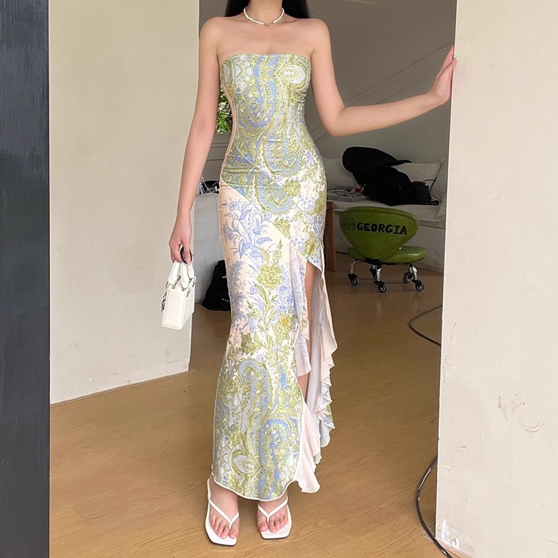 Cross-Border Retro High-End Party Banquet Dress Cheongsam New Chinese Style Elegant Floral Stunning Strapless Dress for Women