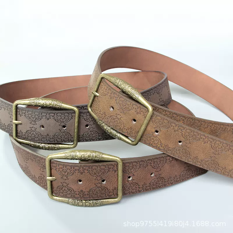 2023外贸新款复古文艺风女式腰带精品青古铜扣个性压花PU皮带批发