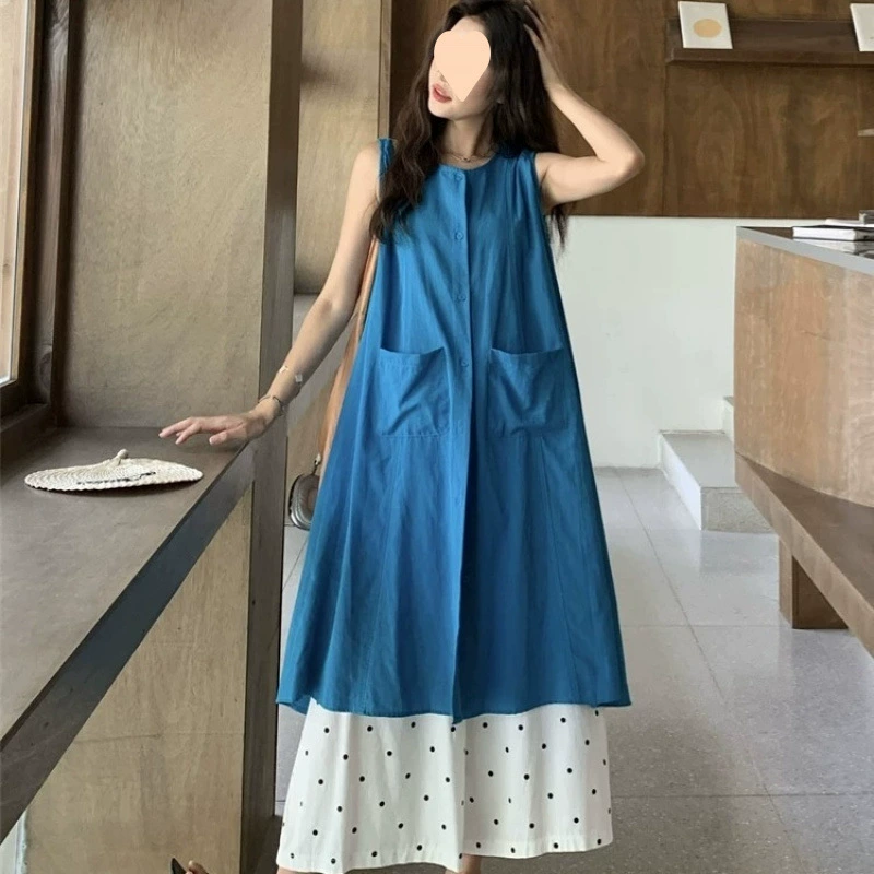 Летний свободный и свежий костюм для женщин 2025, новый ленивый стиль, повседневное платье-жилет в горошек, широкие брюки, комплект из двух предметов