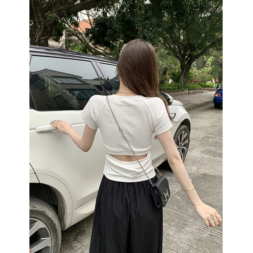 Chic Mini V-Neck T-Shirt for 2025 Summer, Back Cut Design, Body-Con Folded Waist Short-Sleeve Top for Women