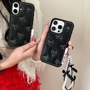 Apple 14Promax Leather Car Line 13Pro Embroidered Bow Iphone15/16Pro Mobile Phone Case Suitable