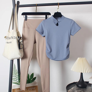 Chinese Style Short-Sleeved Suit for Women Summer Elastic High-Waisted Trousers Running Sports Chinese Style Stand-Up Collar Slimming Yoga Wear