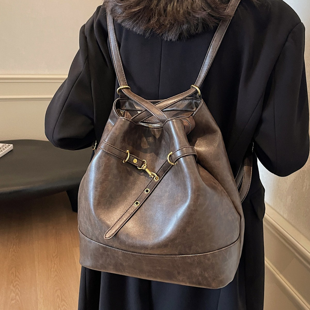 Autumn/Winter Large Capacity Work Commuter Tote Bag For Women 2024 Coffee Brown Leather 2-In-1 Backpack And Crossbody Bag - Thumbnail 3