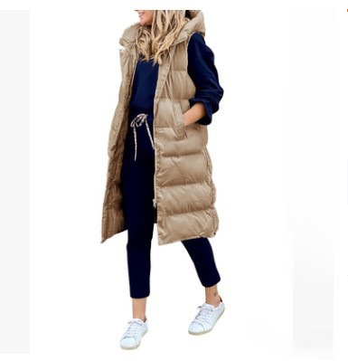Giacca lunga imbottita in cotone con cappuccio tinta unita autunno e inverno 2022 da donna, giacca monopetto con cerniera senza maniche, calda e casual alla moda_voghion.com