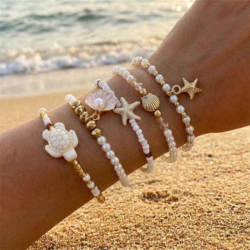 Ocean-Themed Starfish Shell Pearl Bracelet Set, Vacation-Style Turtle and Fish Tail Beaded Niche Stackable Jewelry