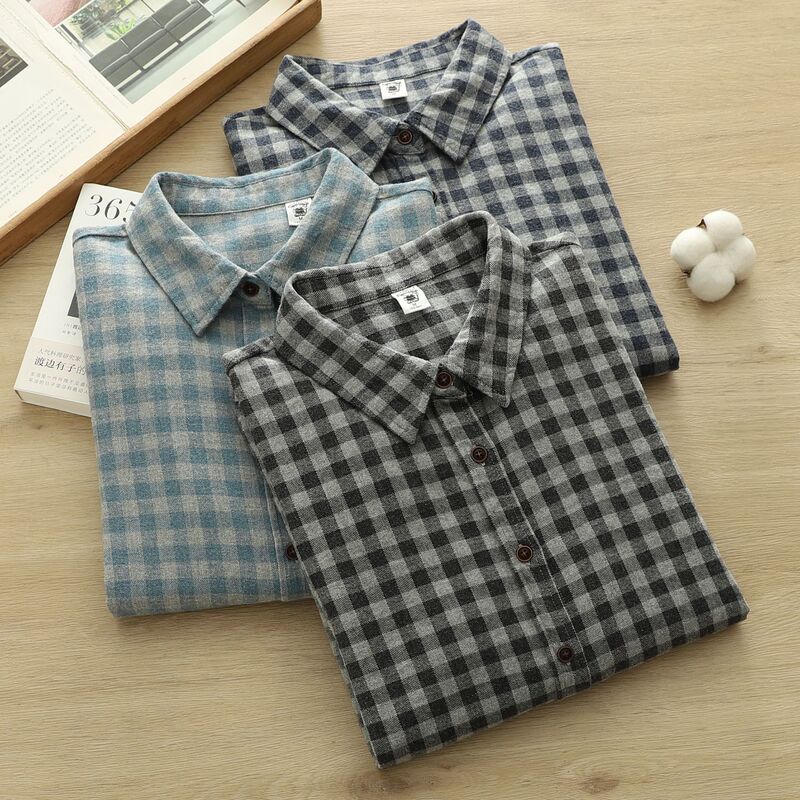 Factory Store Pure Cotton Brushed Cotton Classic Plaid Women's Shirt with Heart Embroidery, Casual and Artistic Versatile Base Layer Women's Shirt