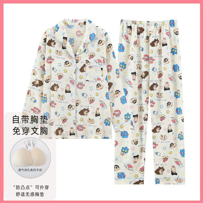 Al por mayor transfronterizo nubes de algodón cojín de pecho pijama de primavera y otoño dulce cardigan mangas largas pantalones largos sueltos set de ropa para el hogar