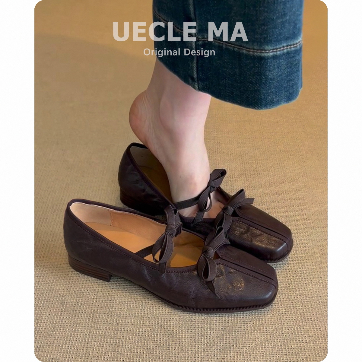Dam ballerinaskor i äkta läder med rosett i retro stil_voghion.com