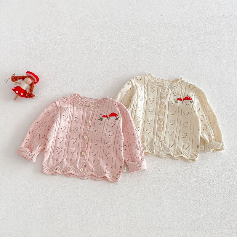 [No Returns or Exchanges] Girls' Mushroom Knit Sweater 2026 New Spring Korean Style Embroidered Hollow Heart Sweater