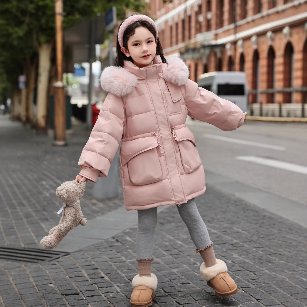 儿童女羽绒服女童中长款2024新款韩版带毛领中大童装冬季加厚外套