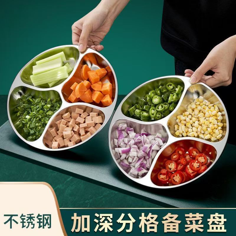 Multi-compartment stainless steel round serving tray for kitchen use, featuring four sections for portioning food, suitable for home use and for children's meals