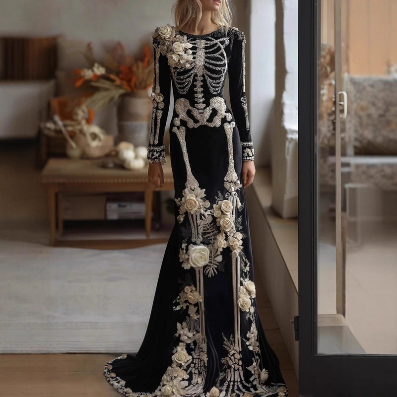 2026 New Cross-Border Independent Brand European and American Style Halloween Women's Long-Sleeve Loose Comfortable 3D Printed Dress 2026 New Cross-Border Independent Brand European and American Style Halloween Women's Long-Sleeve Loose Comfortable 3D Printed Dress