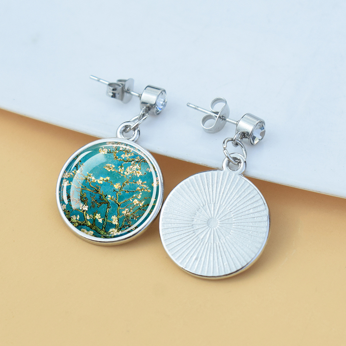 Pendientes de diamantes brillantes de flores Iris de girasol Van Gogh Art Starry Sky Pintura al óleo Pendientes de estilo europeo y americano medieval