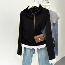 蕾丝花边polo领长袖上衣2025春季新款v领修身内搭打底衫正肩t恤女