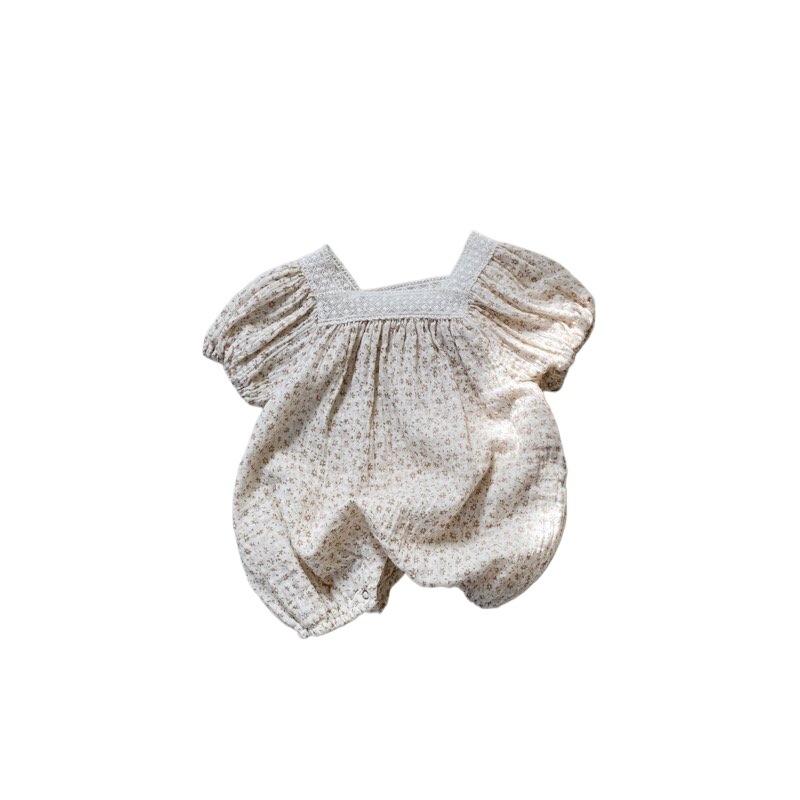 Estilo coreano del verano bebé de algodón fino encaje cuello cuadrado floral manga corta mono ins infantil ruffle jumpsuit