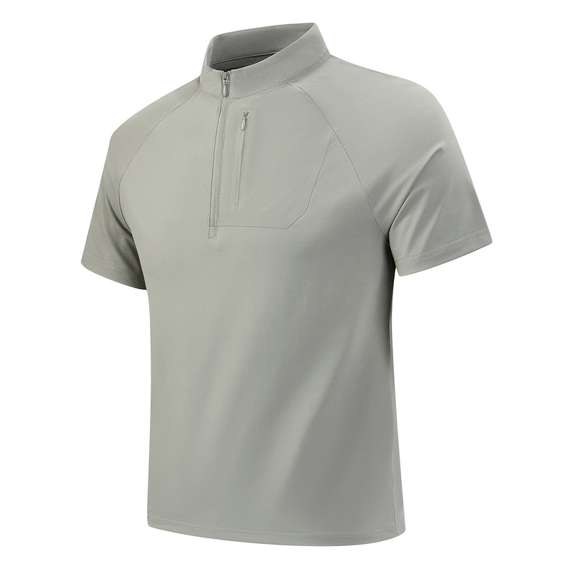 New Style Ice Silk Polo Shirt for Men, Stand-Up Collar, Quick-Dry, Half-Zip with Pockets, Raglan Sleeves, Short-Sleeve T-Shirt, Summer Thin Style