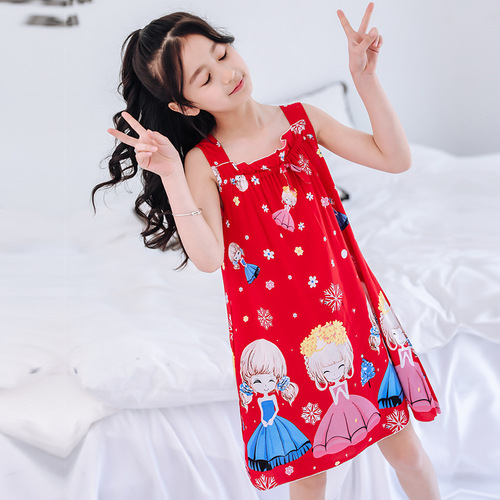 Children's nightgown, sundress, summer cute sleeveless thin new cotton chiffon pajamas for women, home dress, girls' dress