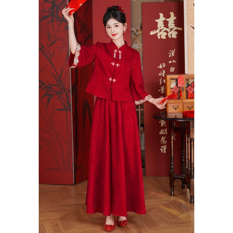 Chinese Style New Red Dress, Improved Xiuhe Dress, Toast Dress, Slimming Bridal Gown Set, Simple Design for Petite Figures, Summer Chinese Style New Red Dress, Improved Xiuhe Dress, Toast Dress, Slimming Bridal Gown Set, Simple Design for Petite Figures, Summer