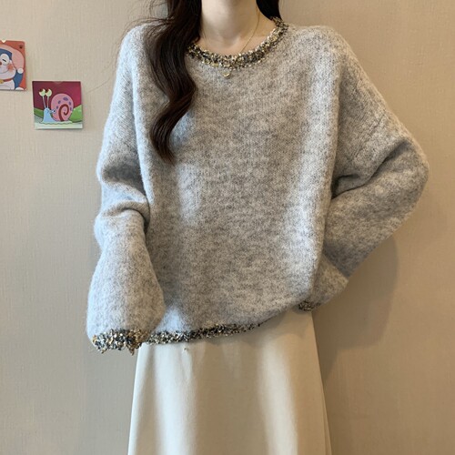 Lazy style long-sleeved loose slimming top for women, fashionable diamond round neck pullover, solid color simple knitted sweater, small fragrance style