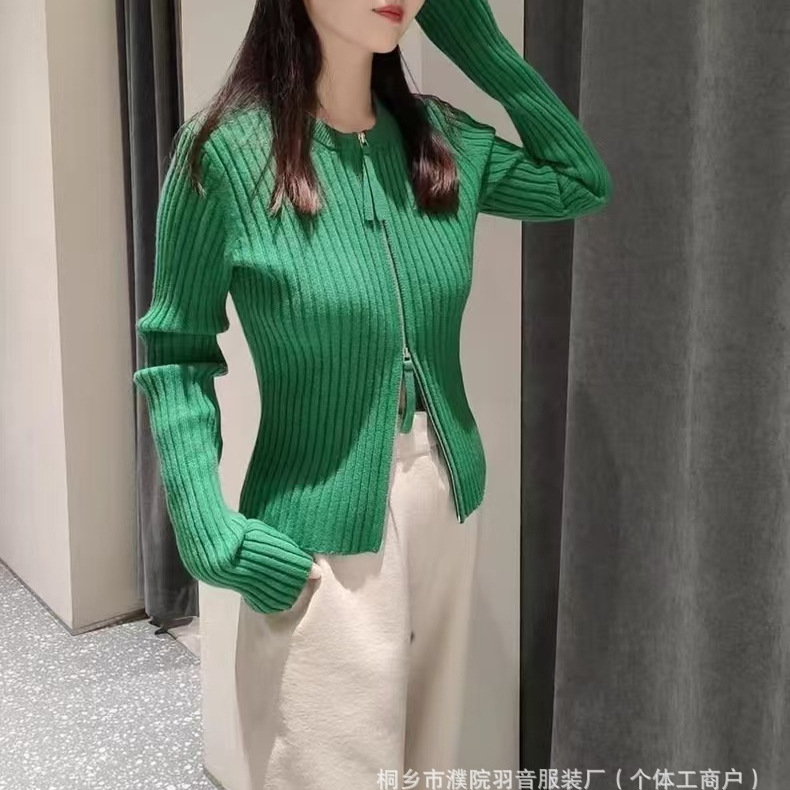 辣妹针织衫韩系圆领气质款早秋新品简约百搭双拉链修身毛衣上衣女|undefined