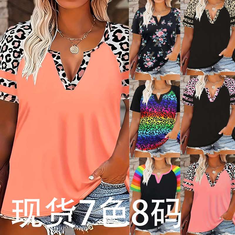 2026 Spring/Summer European and American Amazon Independent Site Foreign Trade Fashion V-Neck Ethnic Style Printed Plus-Size Women's Short-Sleeve T-Shirt