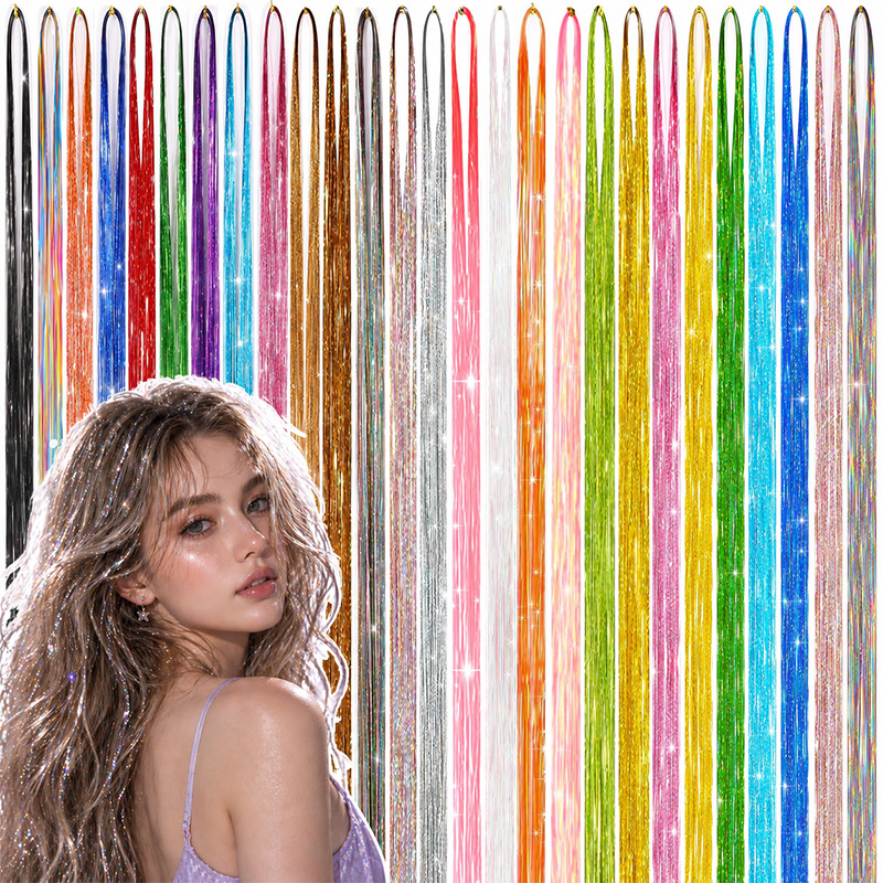 Laser brillante extensión de cabello multicolor filamento de cabello fiestas de estilo trenzado decoración de cabello de seda brillante adornos de cabello al por mayor