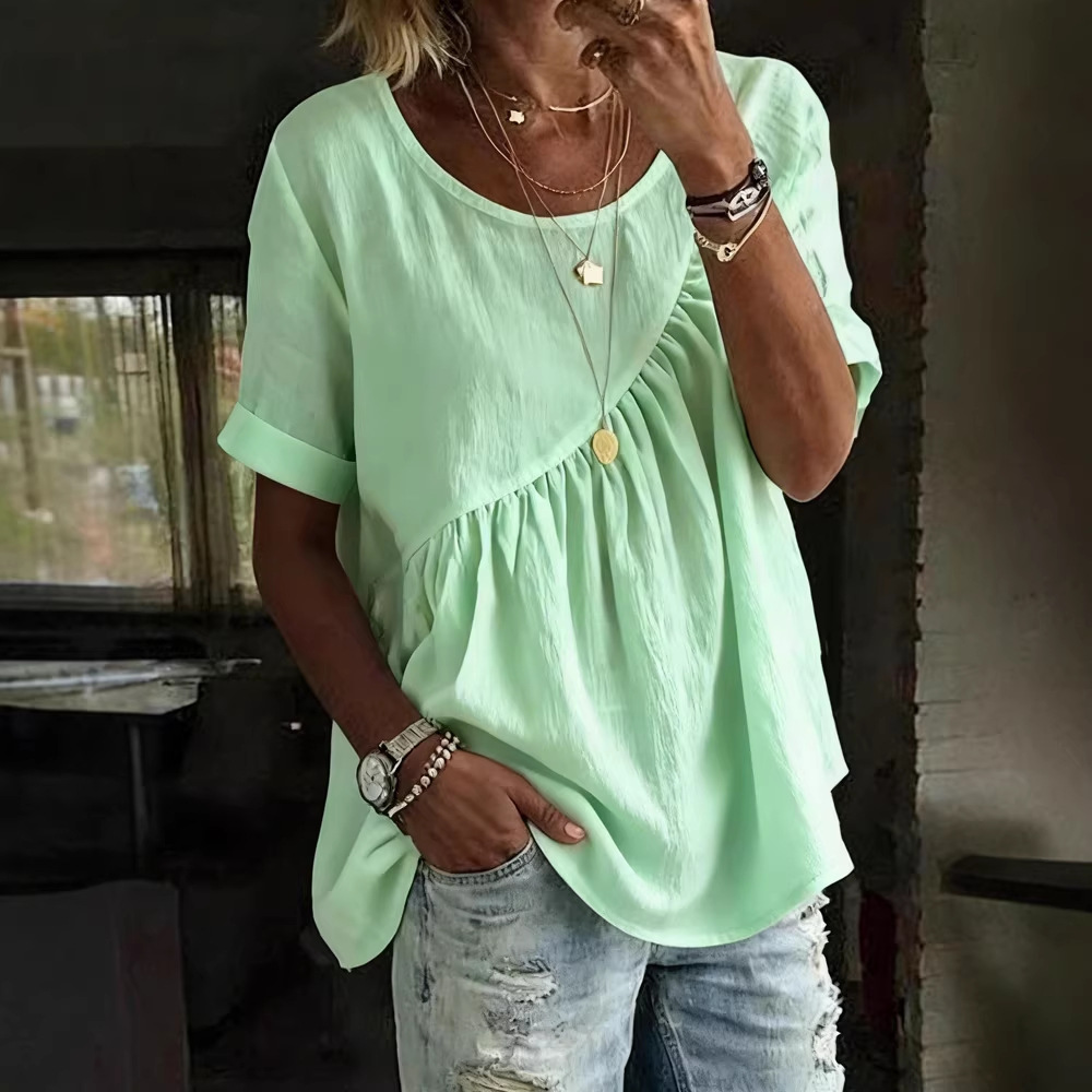 Women's Solid Color Ruffle Detail Short Sleeve T-Shirt round Neck Blouse Casual Outfit with Shirring_ecoleips.com