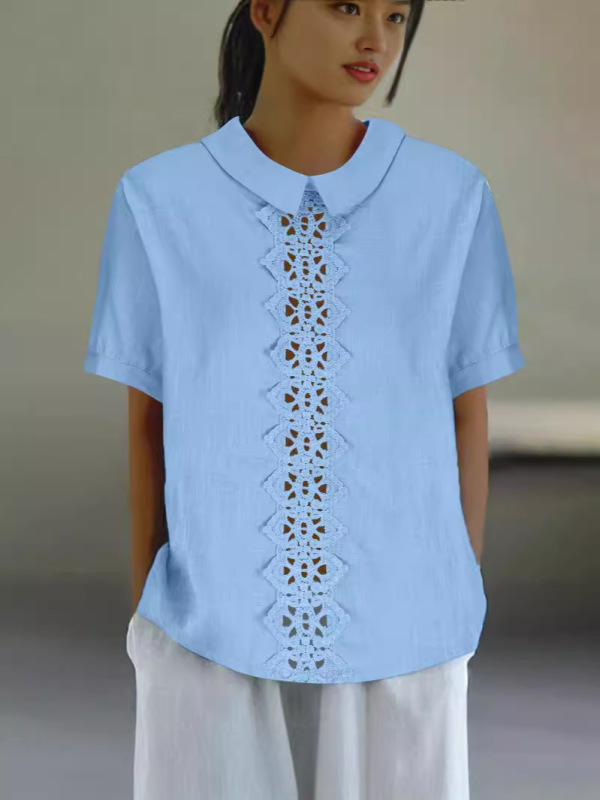 綿麻の網のレースの独立した駅の新型のゆったりした襟のシャツの女性の半袖の上着のtシャツをつなぎ合わせます。|undefined