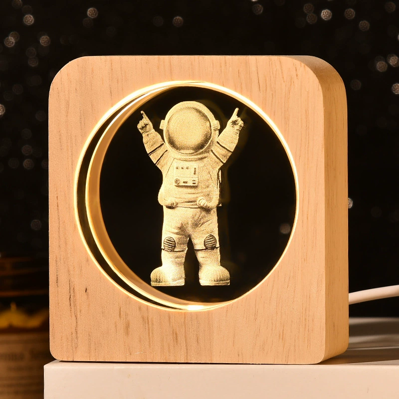 [跨境星球小夜灯3D图案内雕发光水晶桌面摆件木质底座景观节日礼物]