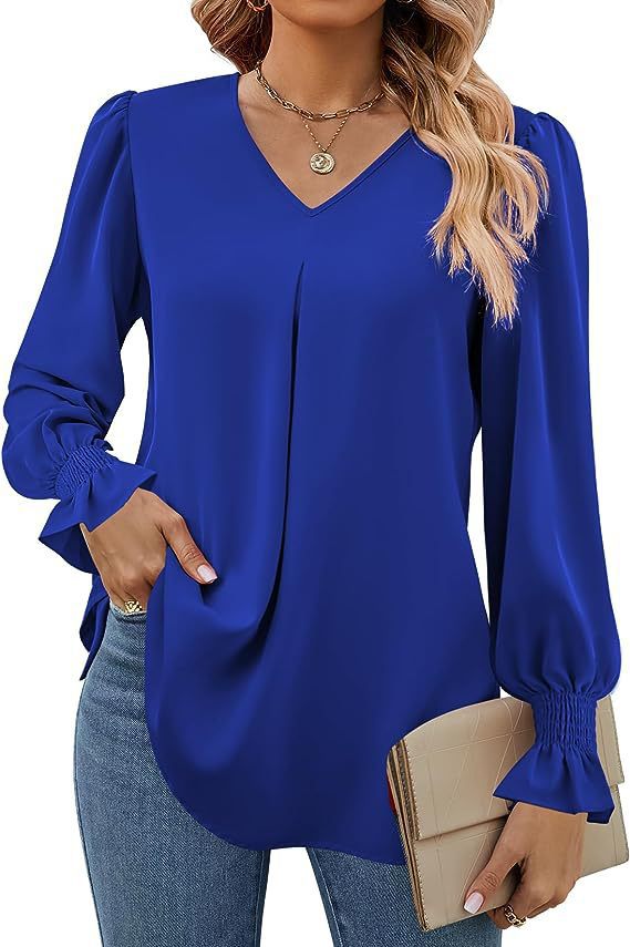 Las mujeres europeas y americanas transfronterizas de Amazon Otoño e Invierno nueva camisa de gasa sólida con cuello en V suéter camisa de manga larga de cuerno