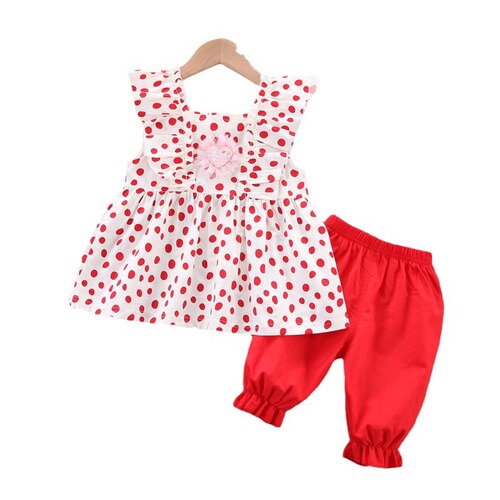 Summer 2024 Girls' Fly Sleeve Polka Dot Print Set for Baby Girls: Fashion Short-Sleeve Top + Shorts Two-Piece Set