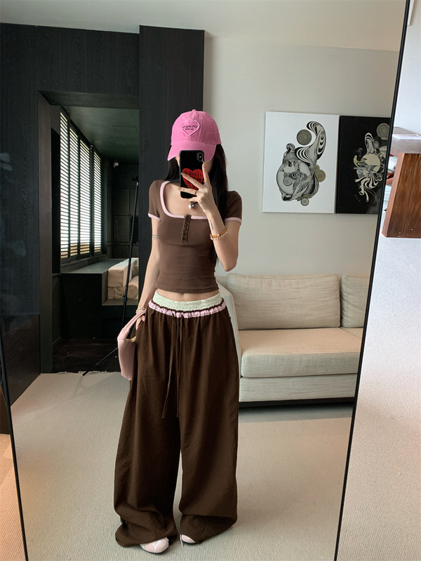 Casual Suit Retro Contrast Color Stitching Square Collar Short Sleeve T-Shirt Women's Summer Loose Wide Leg Pants Trousers Two-Piece Set