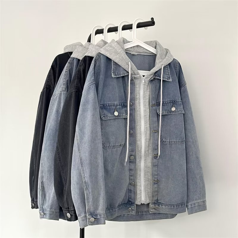 Retro fake two-piece coat Denim autumn American men's high street fashion brand loose youth jacket hooded clothes