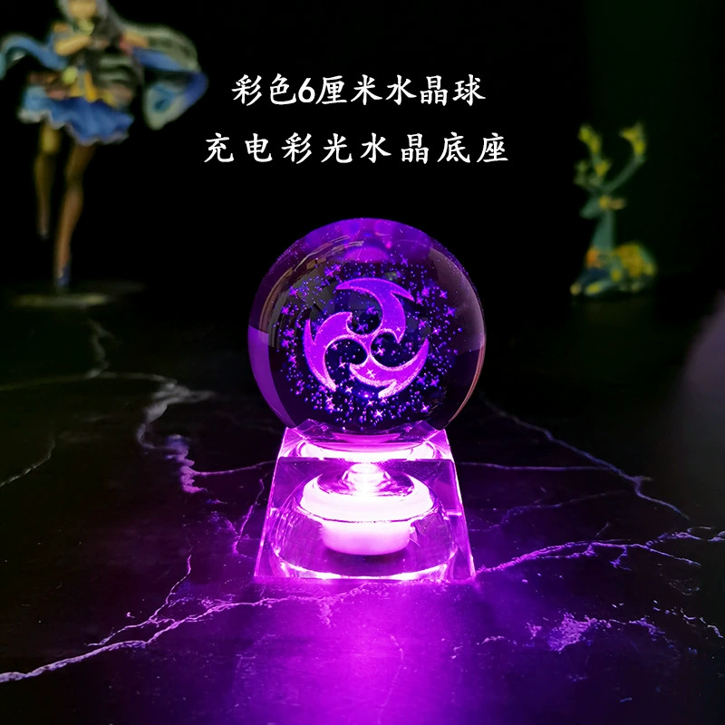 Ночная лампа кристальный шар (Genshin Impact), 3D-гравировка семи стихий, LED или деревянная подставка