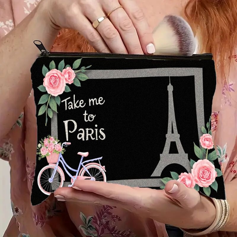 A 2D Graphic Printed Makeup Bag Inspired by Paris, Featuring the Famous Eiffel Tower A 2D Graphic Printed Makeup Bag Inspired by Paris, Featuring the Famous Eiffel Tower