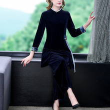 2025秋冬新款中年妈妈立领中国风撞色刺绣中长款上衣两件套套装