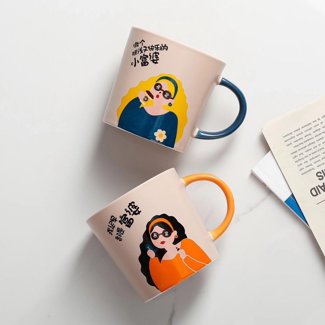 Creativo Hong Kong estilo mujer rica taza retro personalizado esmalte de cerámica desayuno taza de agua taza de regalo de dibujos animados